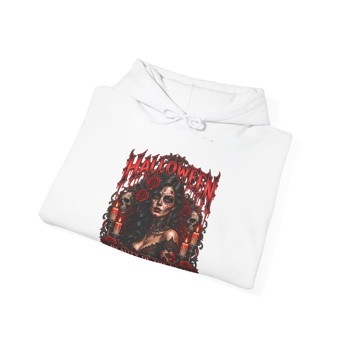 Beauty of the Dead Gothic Portrait Hoodie in White — folded view
