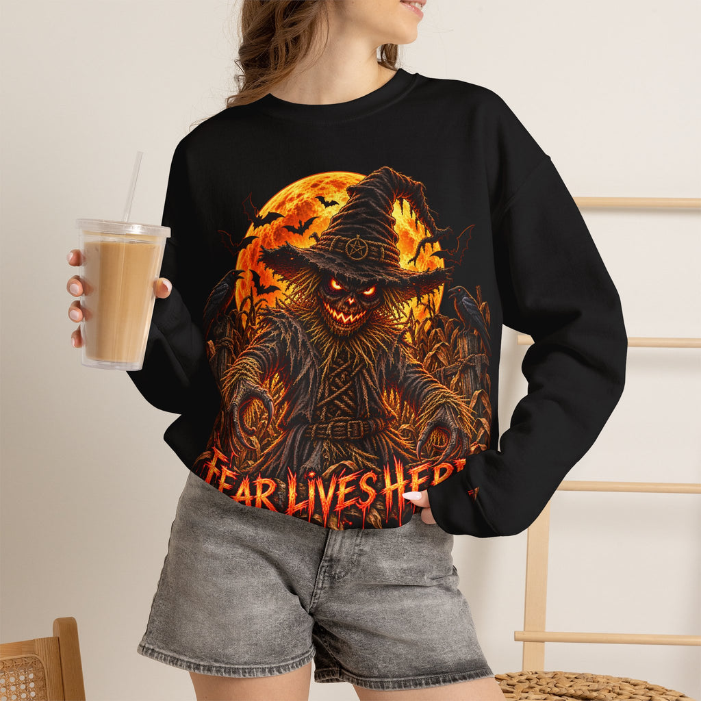 Fear Lives Here Scarecrow Sweatshirt in Black — model view