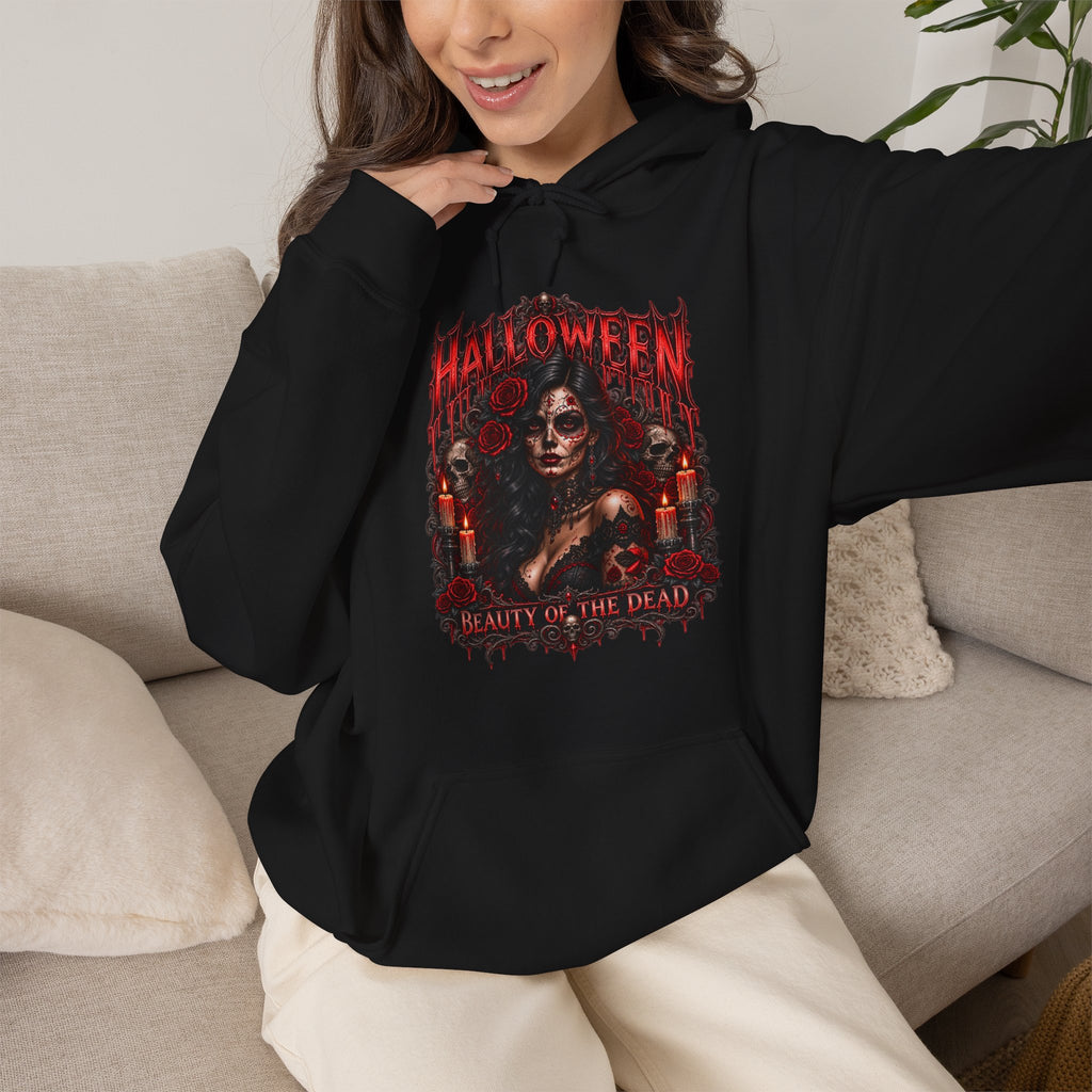 Beauty of the Dead Gothic Portrait Hoodie in Black — model view