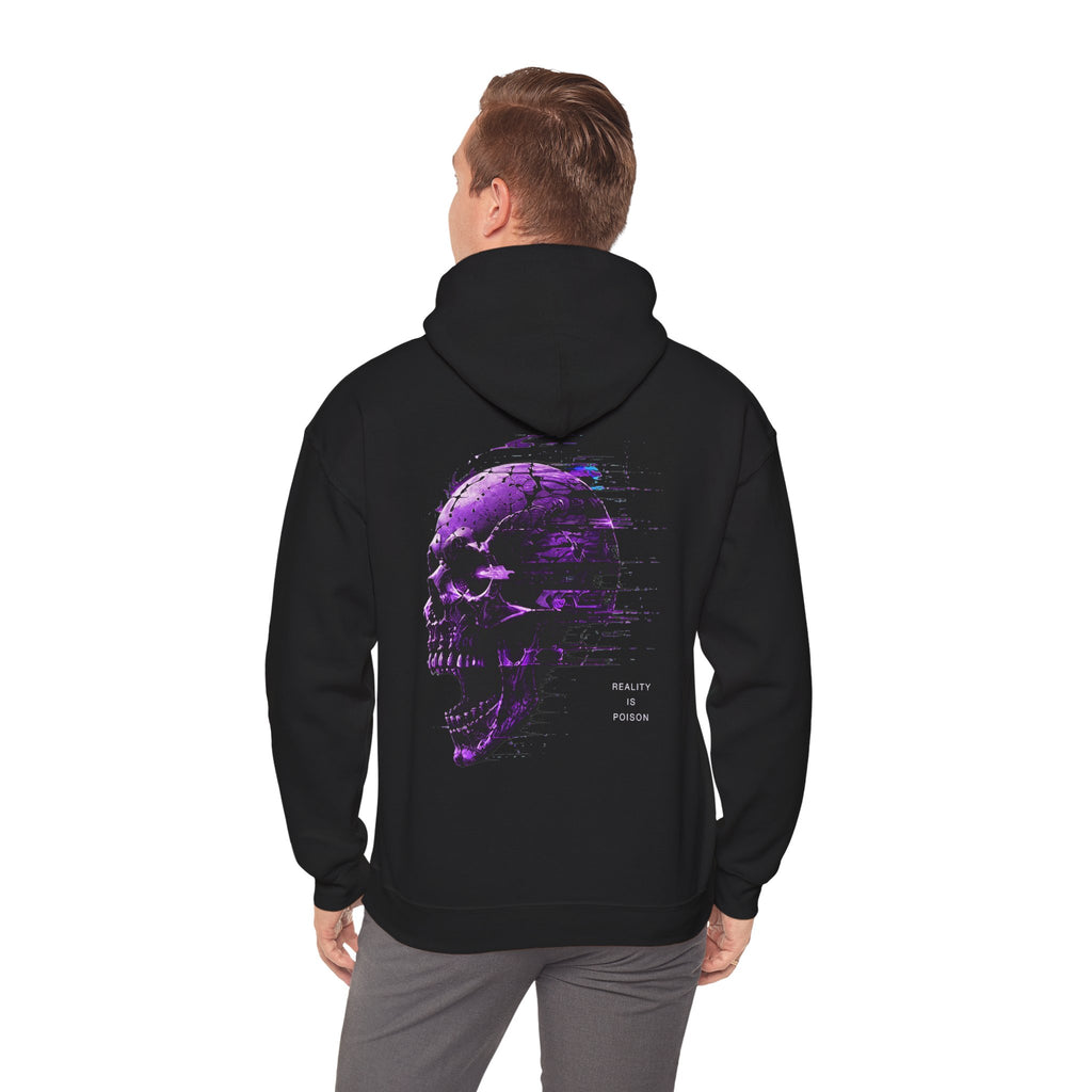 Reality Is Poison Glitch Skull Hoodie in Black — model view