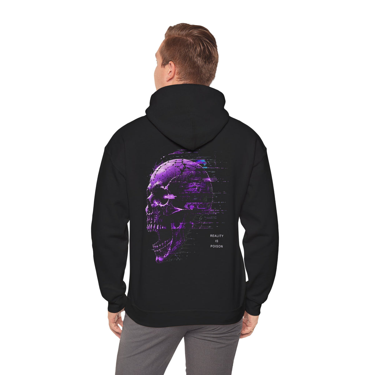 Reality Is Poison Glitch Skull Hoodie in Black — model view