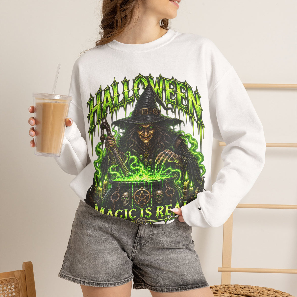 Magic Is Real Witch Sweatshirt in White — model view