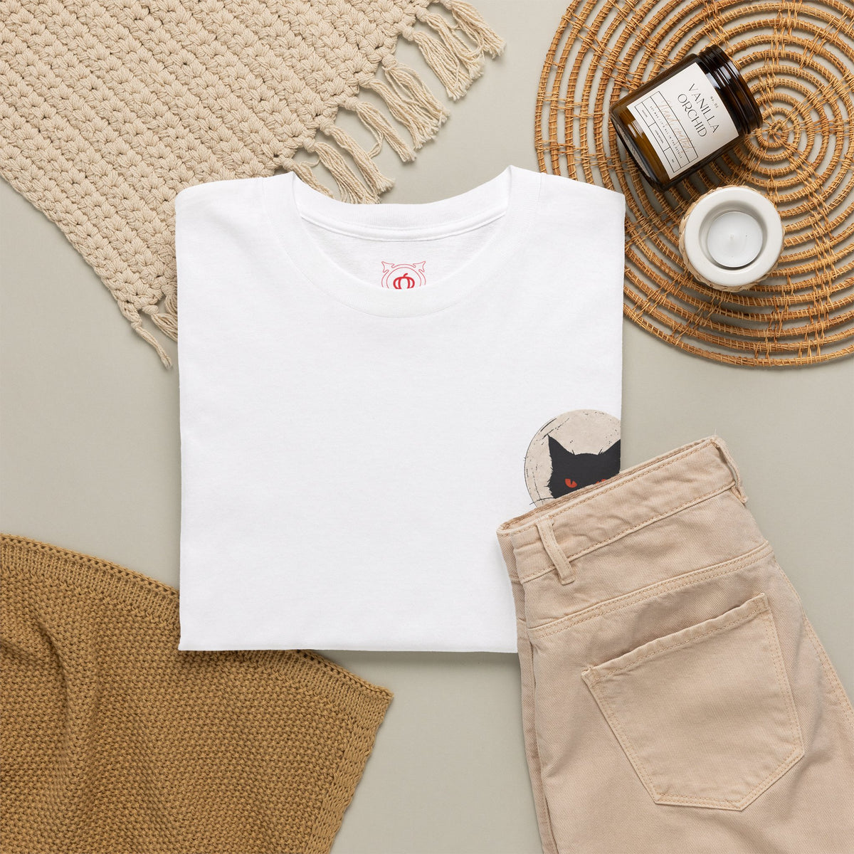 Black Cat Moon T-Shirt in White — folded view