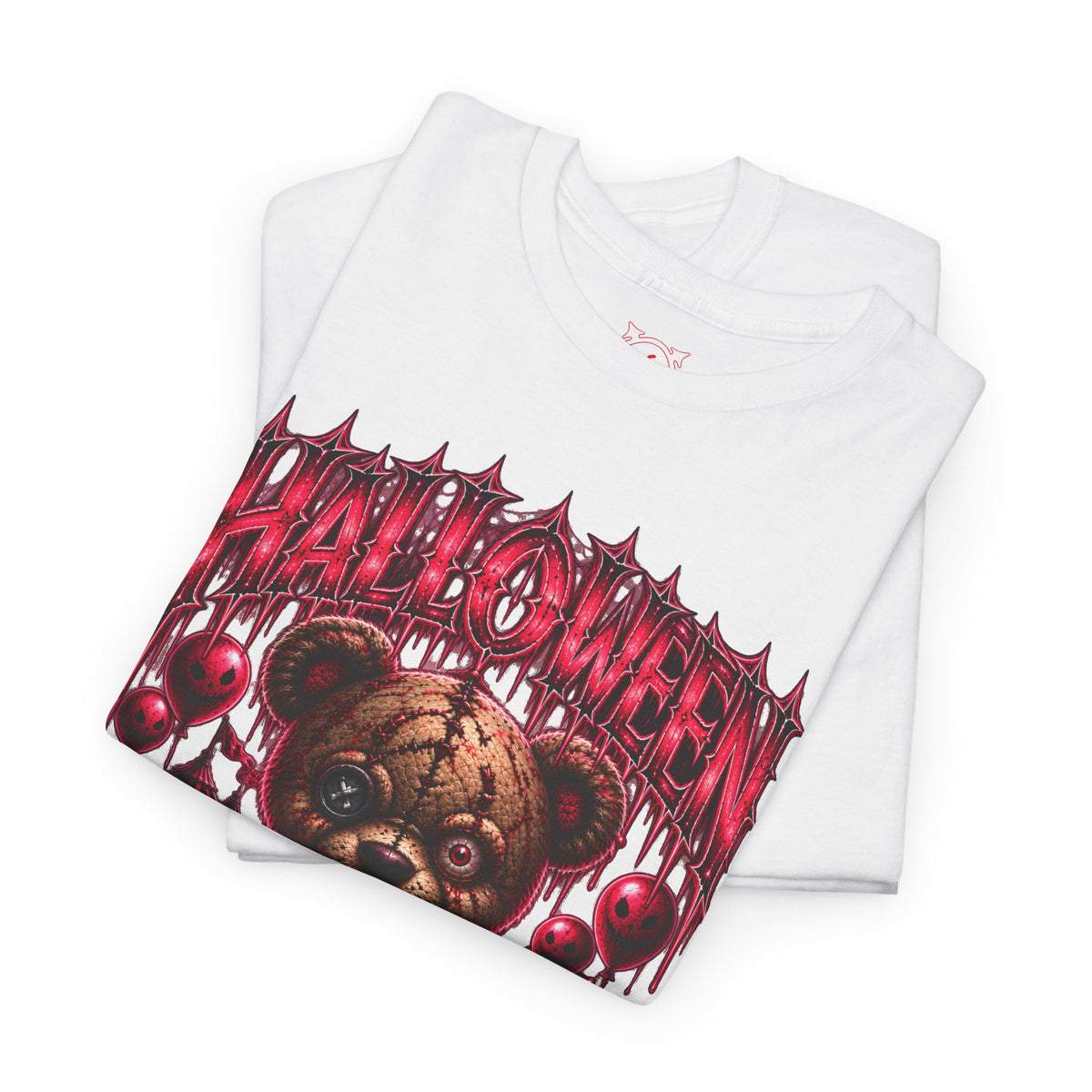 Playtime Is Over Creepy Teddy Bear T-Shirt in White — folded view