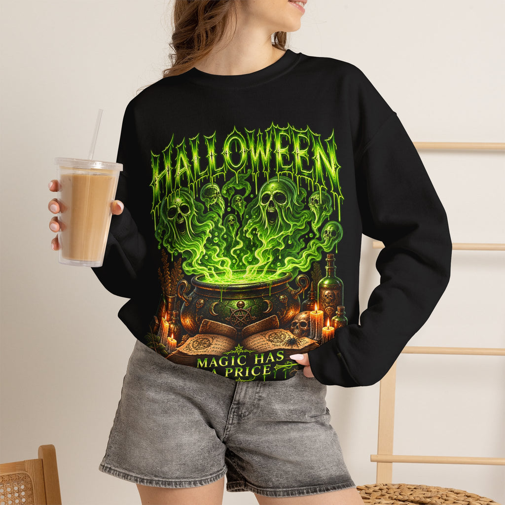 Magic Has a Price Cauldron Sweatshirt in Black — model view