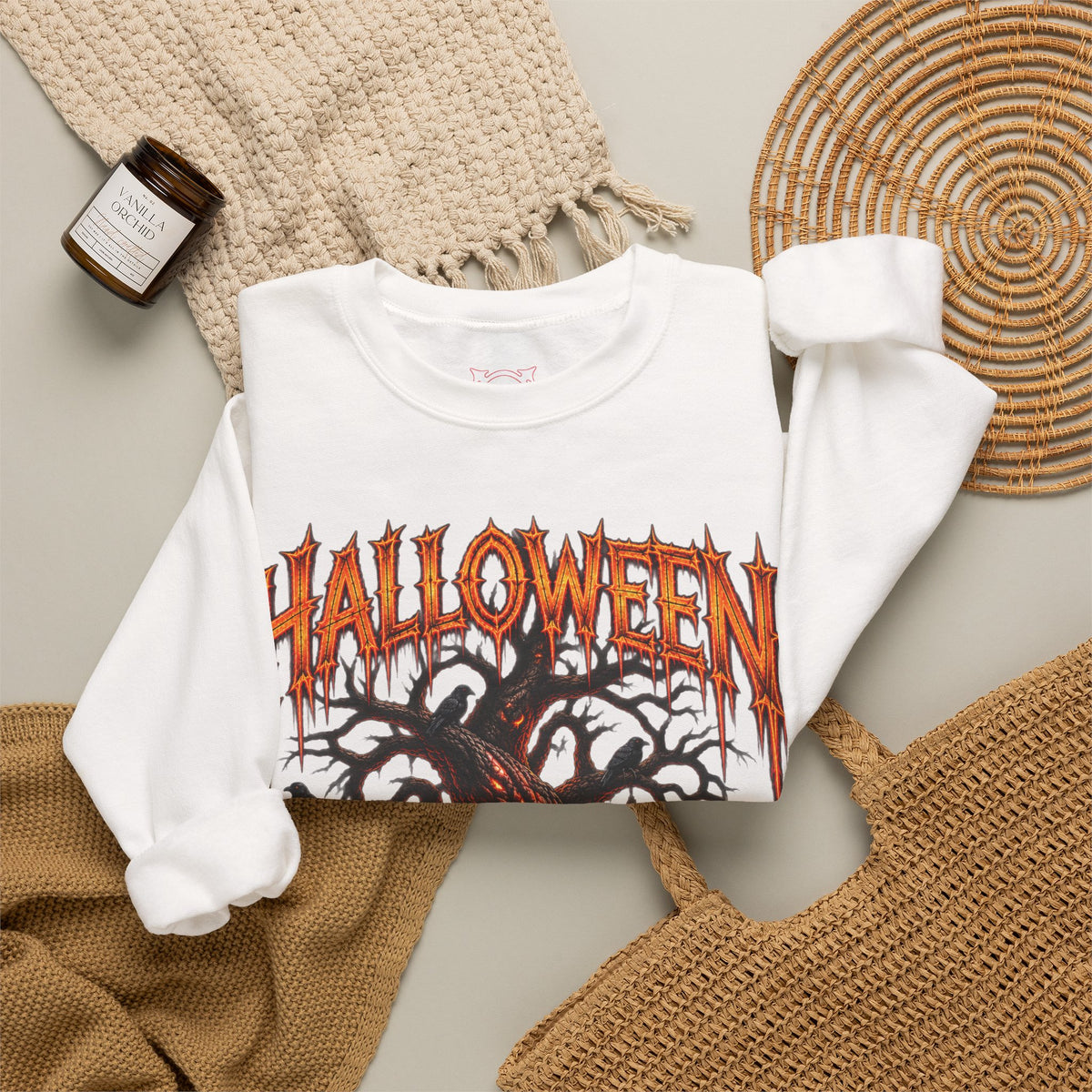 Carved by Fear Pumpkin Sweatshirt in White — folded view