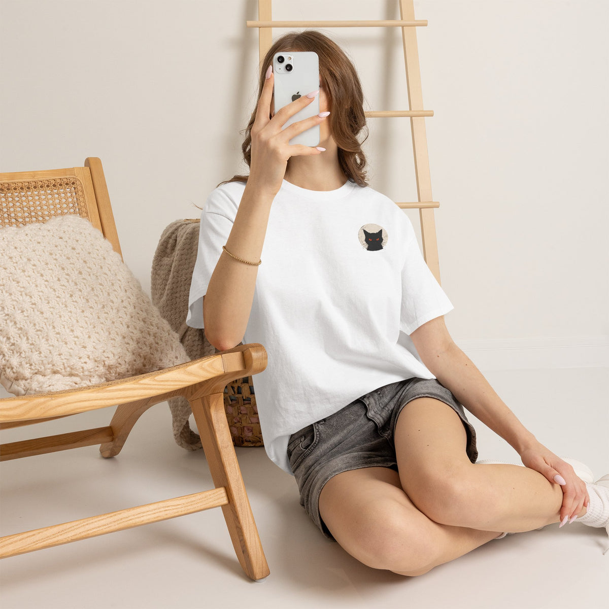 Black Cat Moon T-Shirt in White — model view