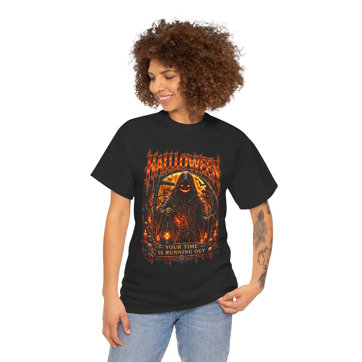 Time Is Running Out Grim Reaper T-Shirt in Black — model view