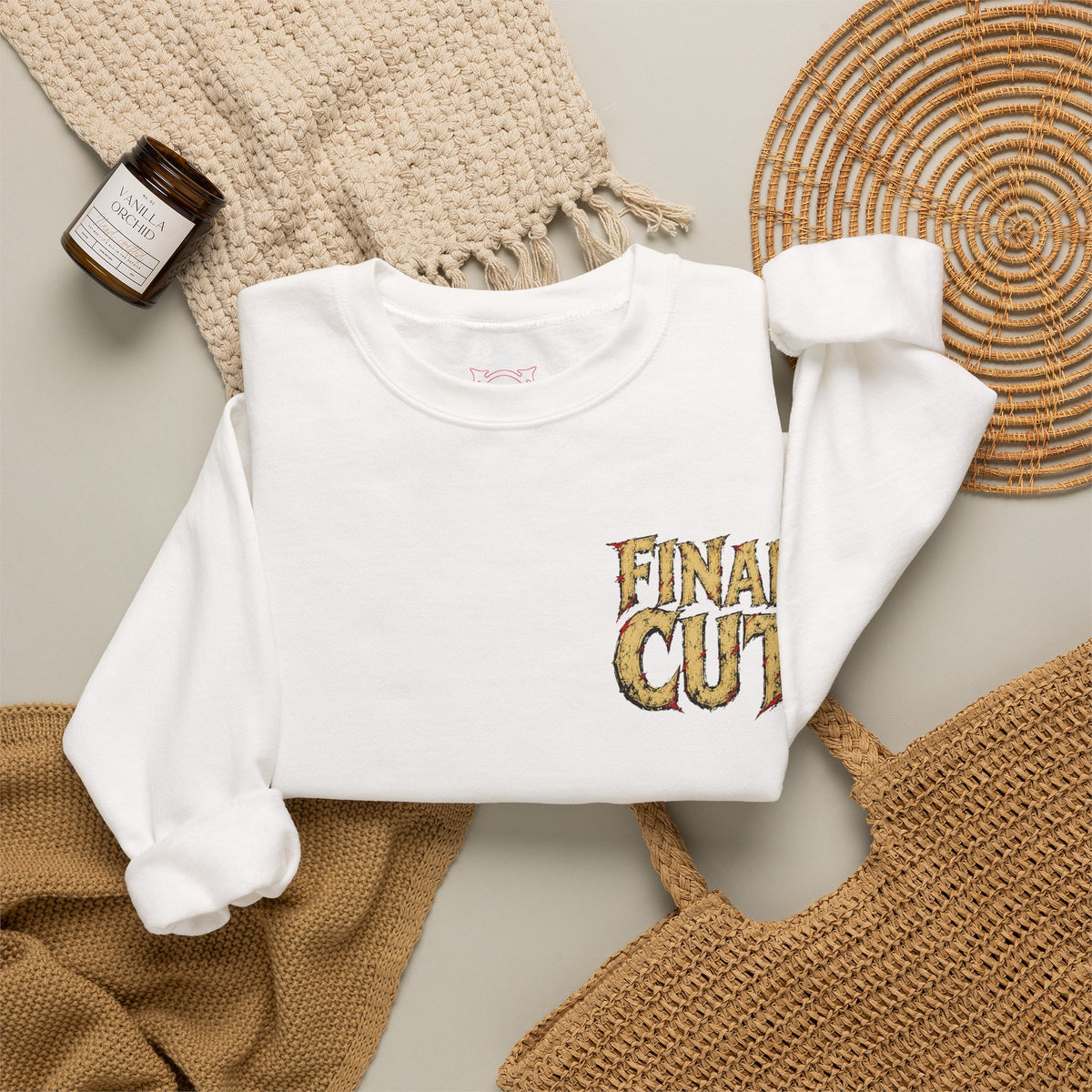 Final Cut Horror Mask Sweatshirt in White — folded view