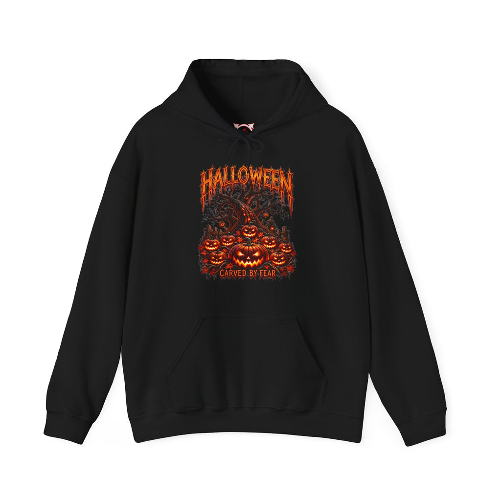 Carved by Fear Pumpkin Hoodie in Black — front view