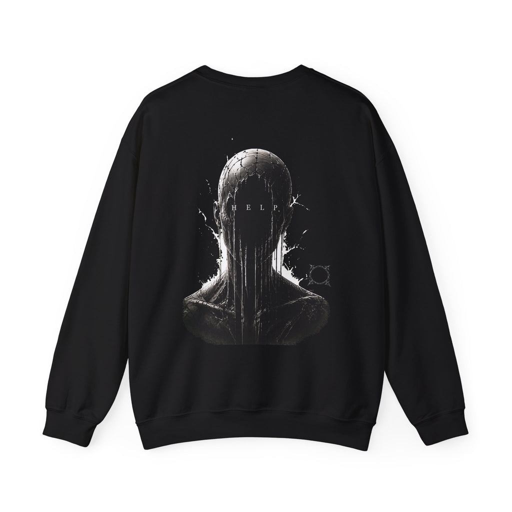 Silent Help Faceless Figure Sweatshirt in Black — back view