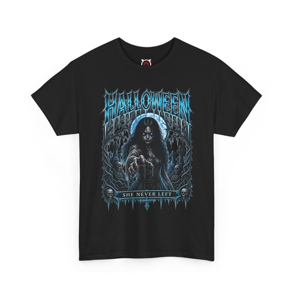 She Never Left Ghost T-Shirt in Black — front view