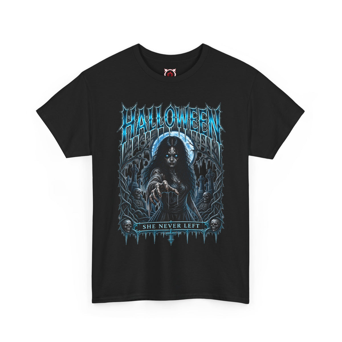 She Never Left Ghost T-Shirt in Black — front view