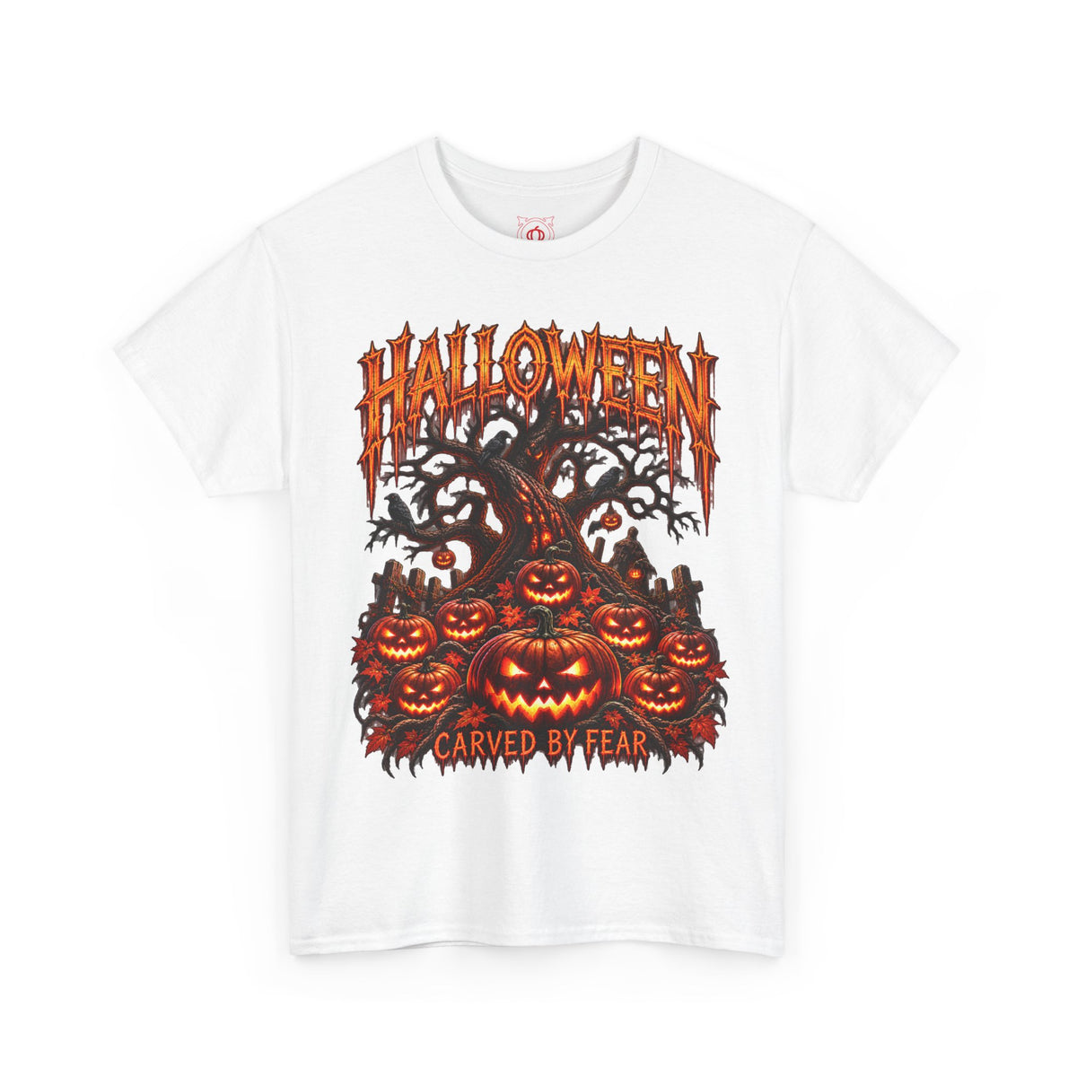 Carved by Fear Pumpkin T-Shirt in White — front view