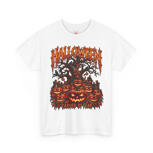 Carved by Fear Pumpkin T-Shirt in White — front view