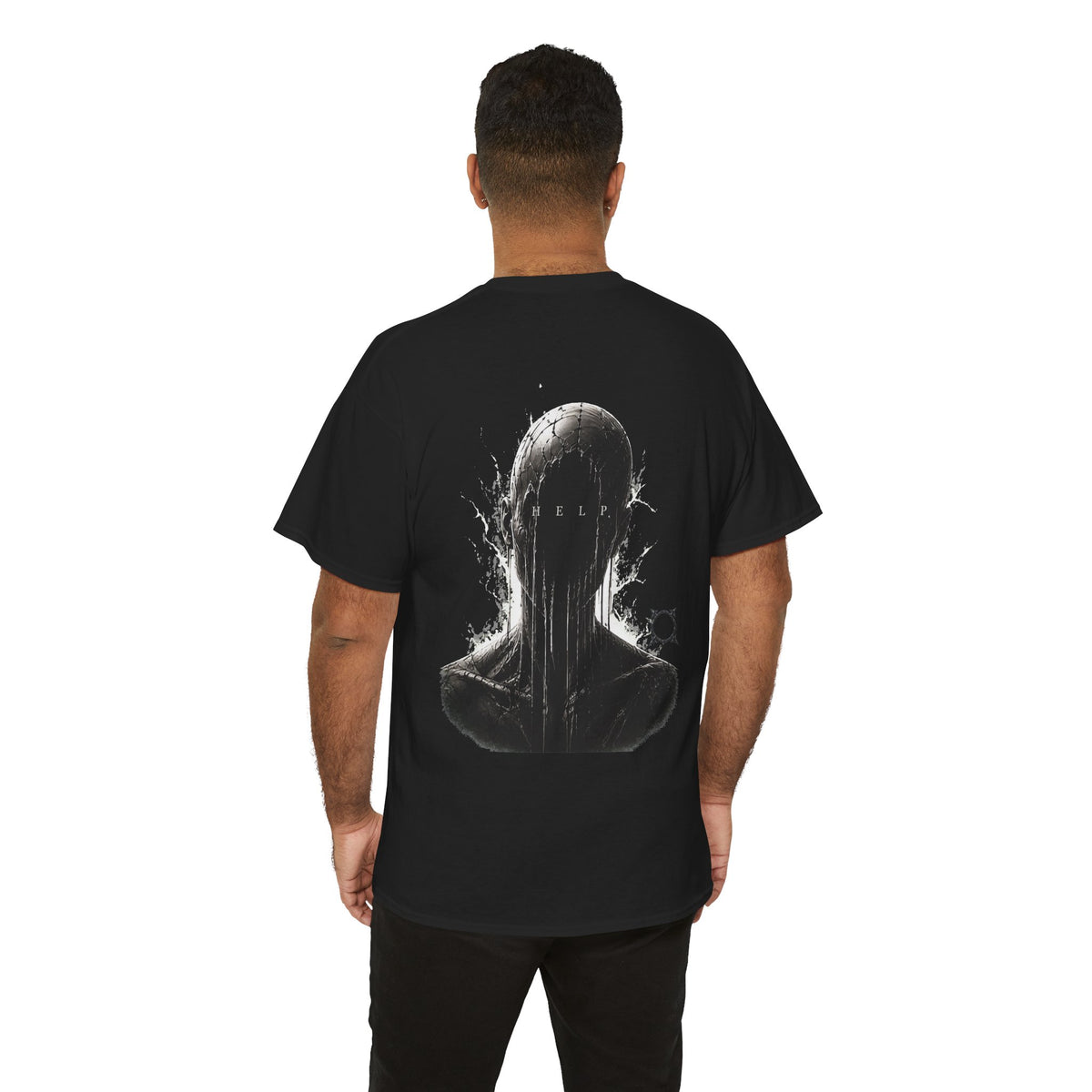 Silent Help Faceless Figure T-Shirt in Black — model view