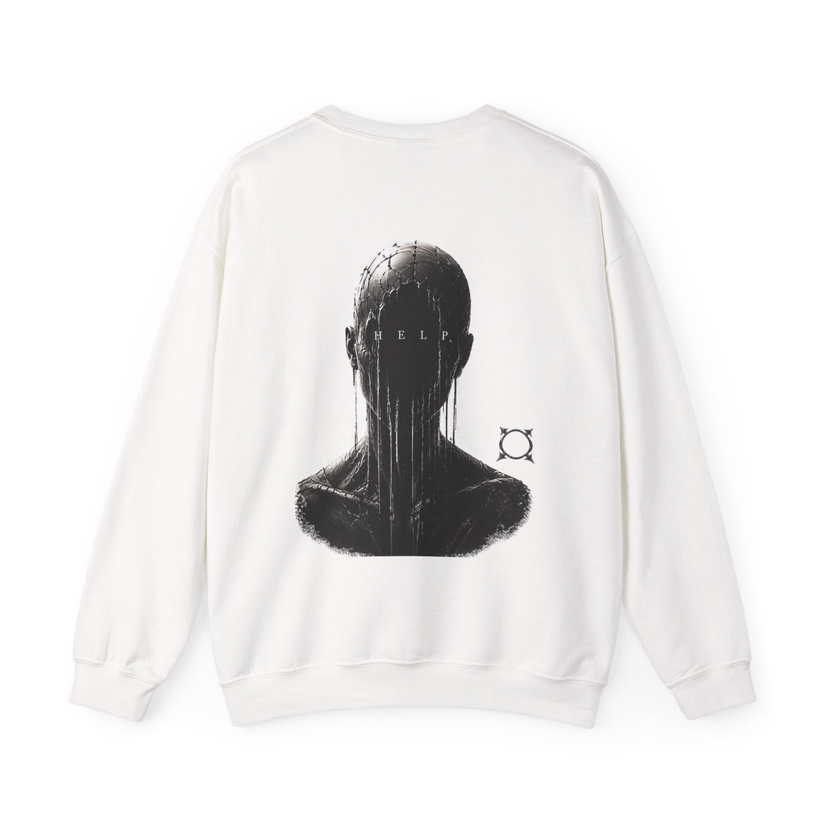 Silent Help Faceless Figure Sweatshirt in White — back view