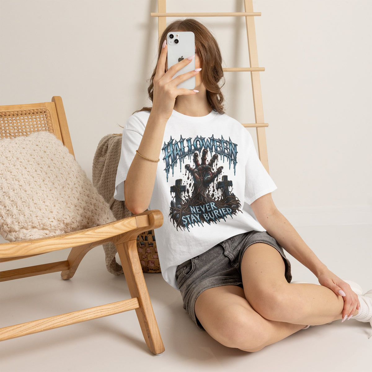 Never Stay Buried Zombie Hand T-Shirt in White — model view