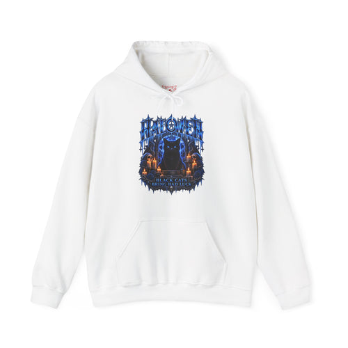 Black Cat Omen Hoodie in White — front view