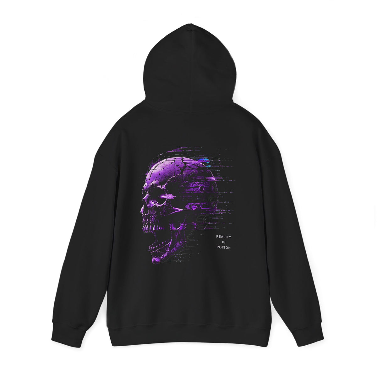 Reality Is Poison Glitch Skull Hoodie in Black — back view