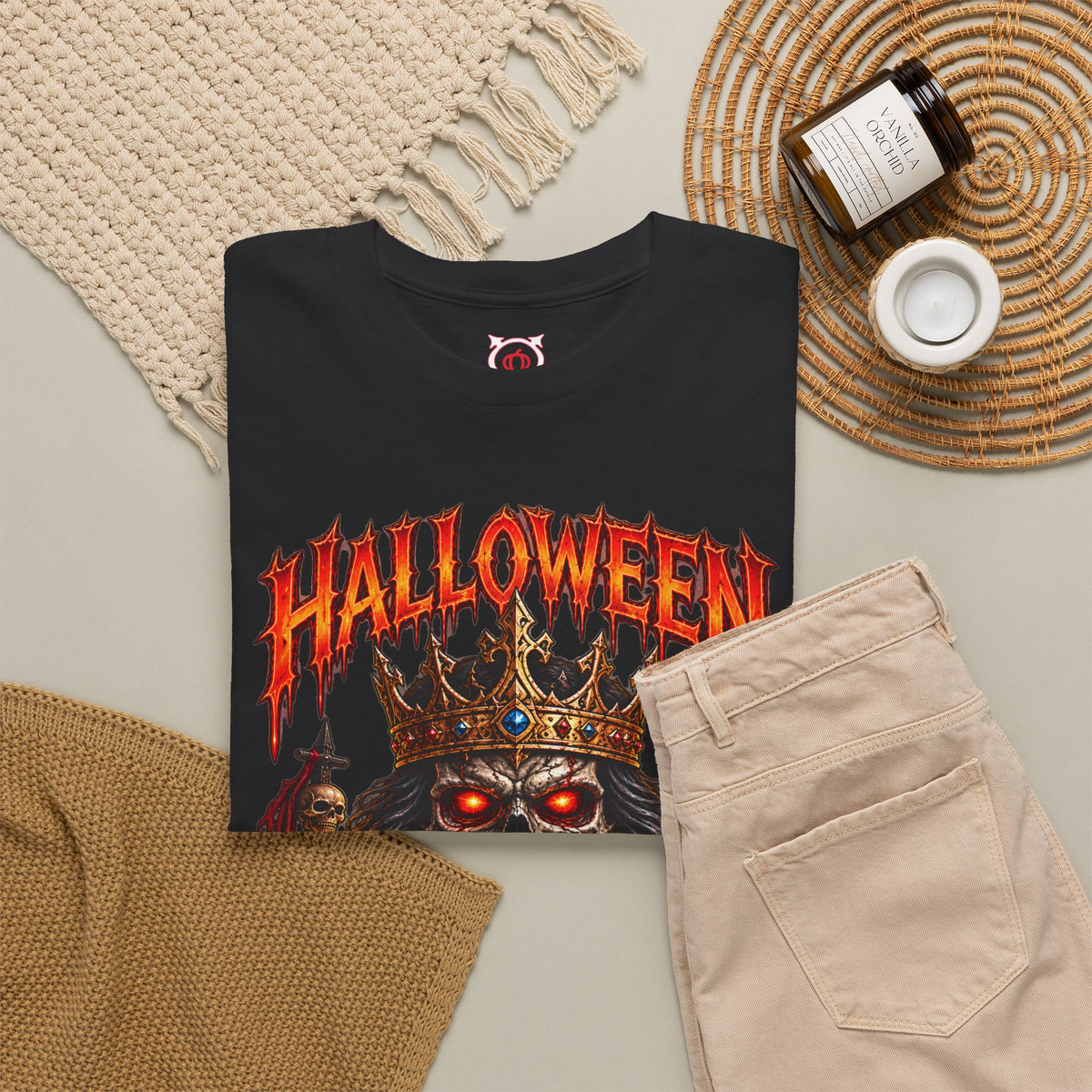 Crowned Terror Skeleton King T-Shirt in Black — folded view