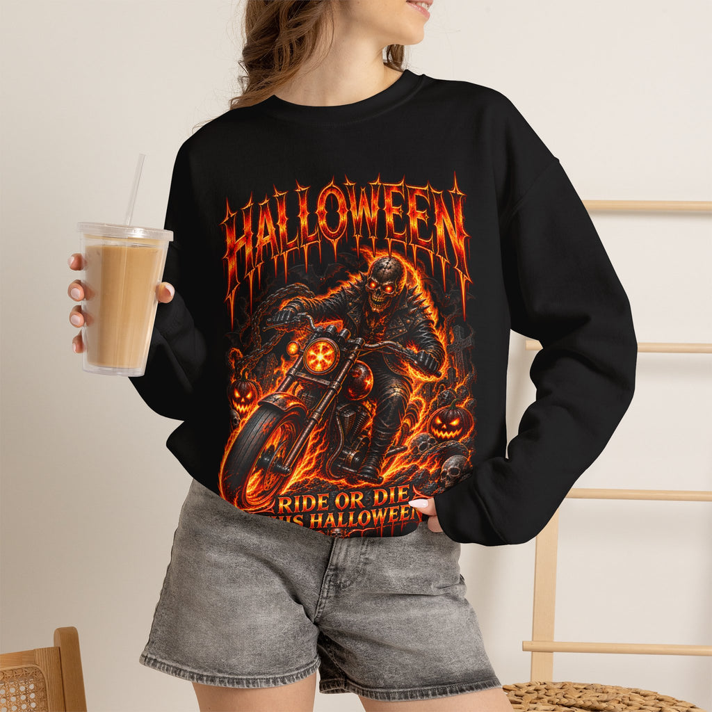 Ride or Die Skeleton Biker Sweatshirt in Black — model view