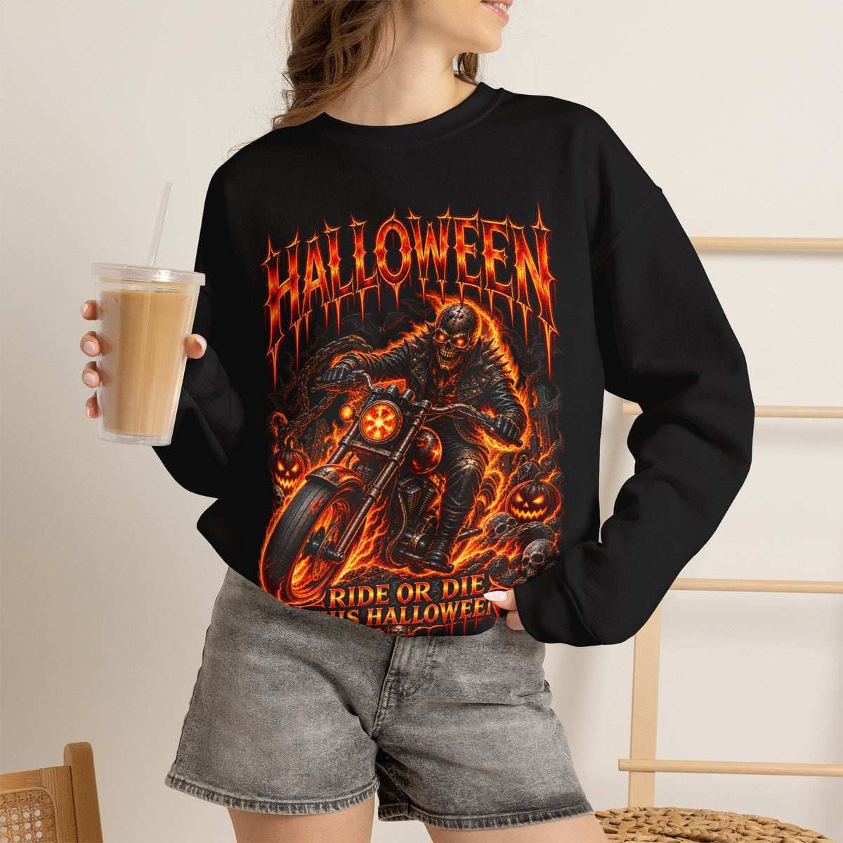 Ride or Die Skeleton Biker Sweatshirt in Black — model view