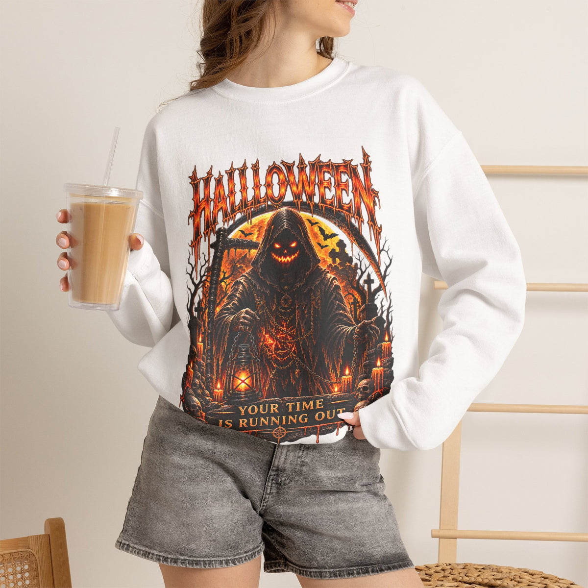 Time Is Running Out Grim Reaper Sweatshirt in White — model view