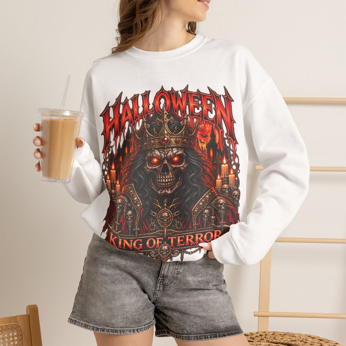 King of Terror Skeleton Sweatshirt in White — model view