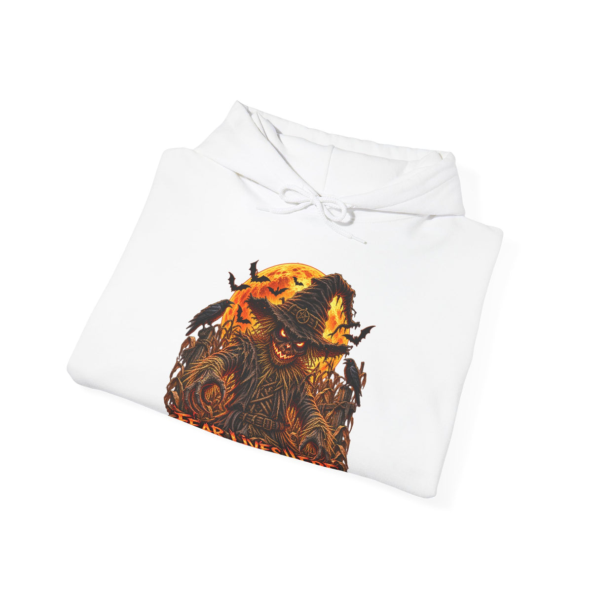 Fear Lives Here Scarecrow Hoodie in White — folded view