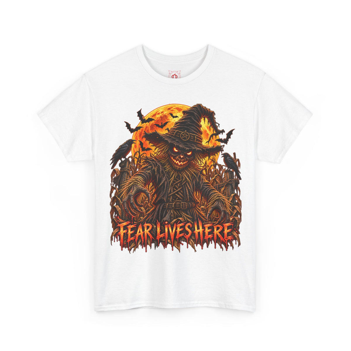 Fear Lives Here Scarecrow T-Shirt in White — front view