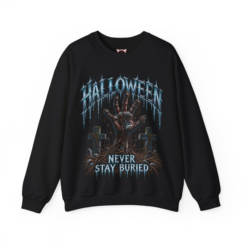 Never Stay Buried Zombie Hand Sweatshirt in Black — front view