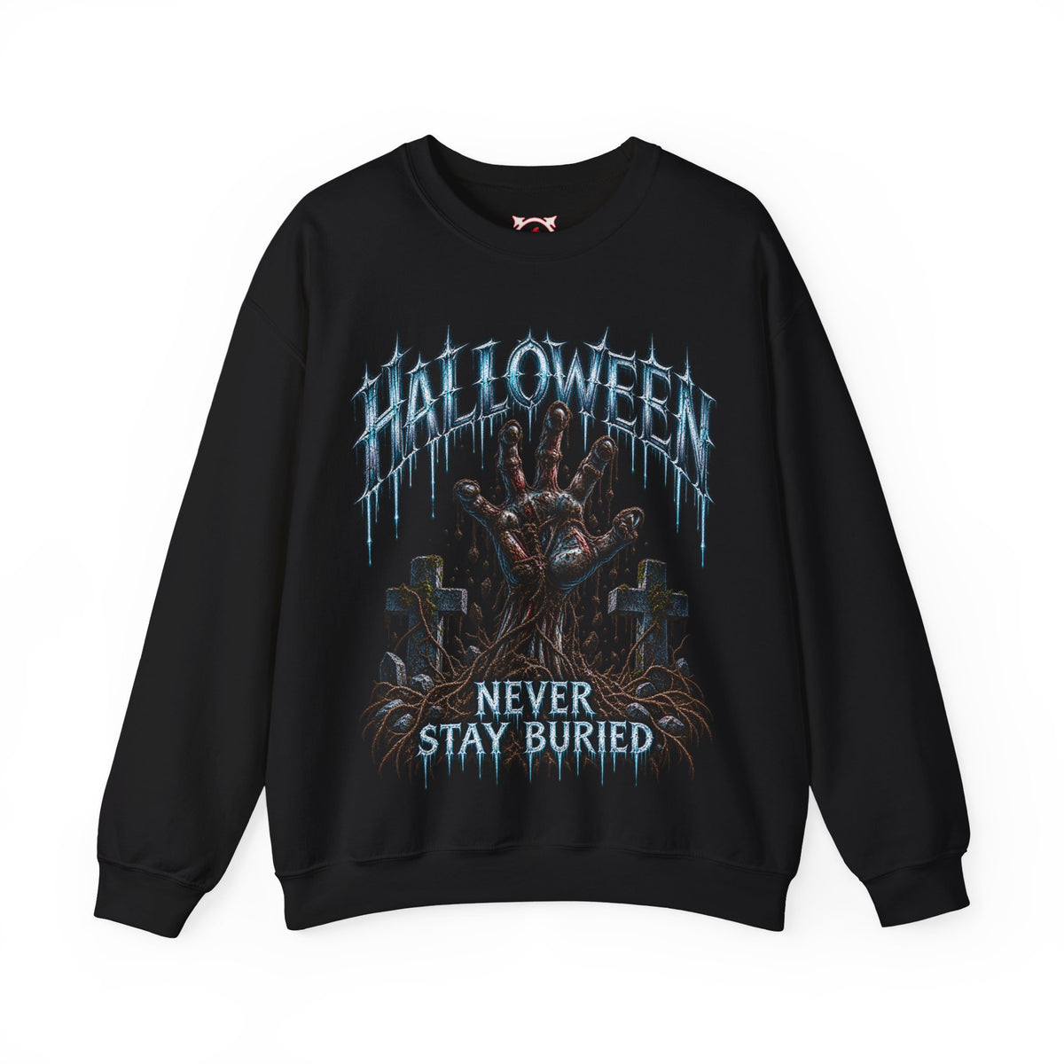Never Stay Buried Zombie Hand Sweatshirt in Black — front view