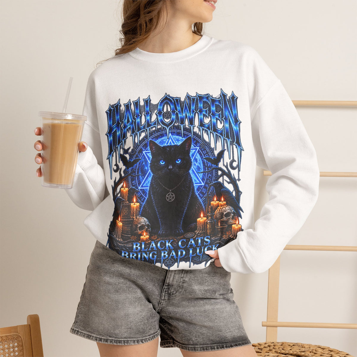 Black Cat Ritual Sweatshirt in White — model view