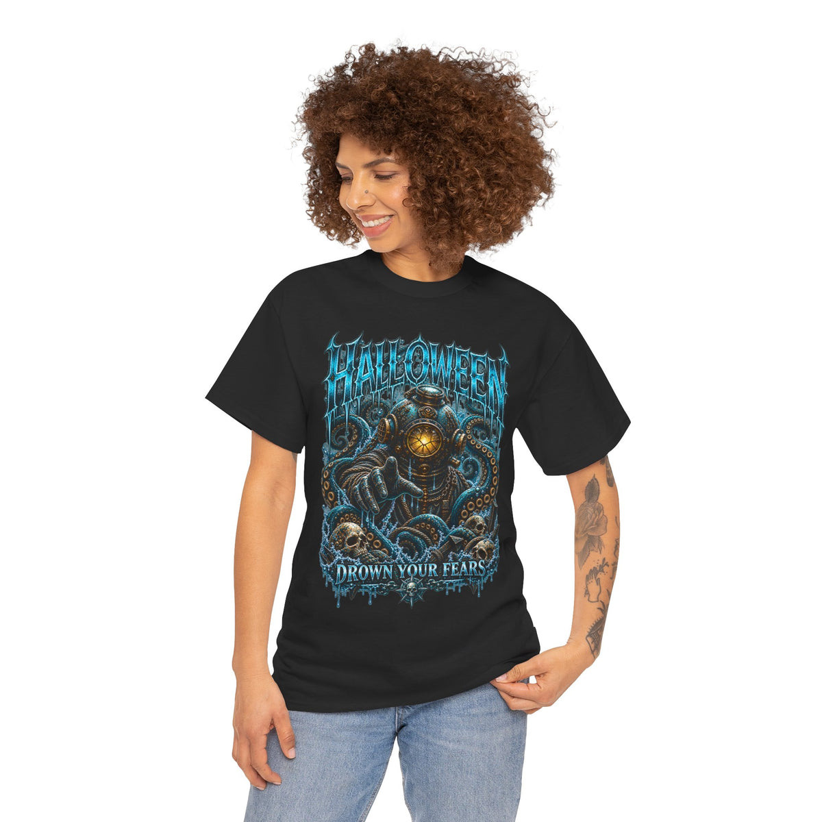 Drown Your Fears Deep Sea T-Shirt in Black — model view