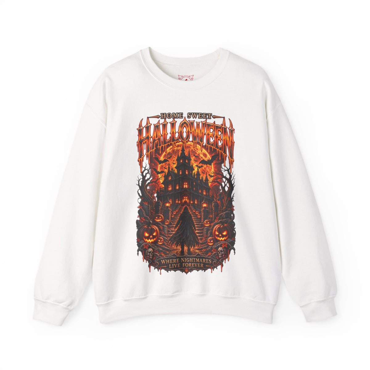 Home Sweet Halloween Haunted House Sweatshirt in White — front view