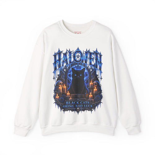 Black Cat Omen Sweatshirt in White — front view