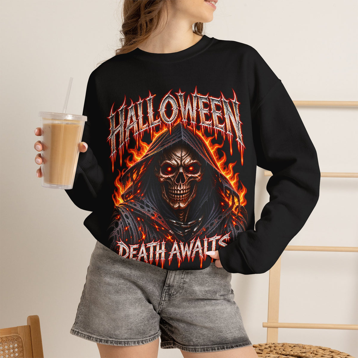 Death Awaits Grim Reaper Sweatshirt in Black — model view