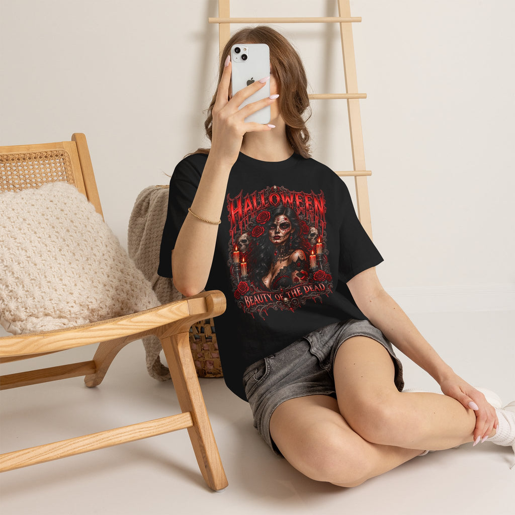 Beauty of the Dead Gothic Portrait T-Shirt in Black — model view