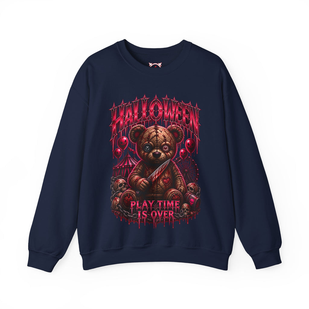 Playtime Is Over Creepy Teddy Bear Sweatshirt in Navy — front view