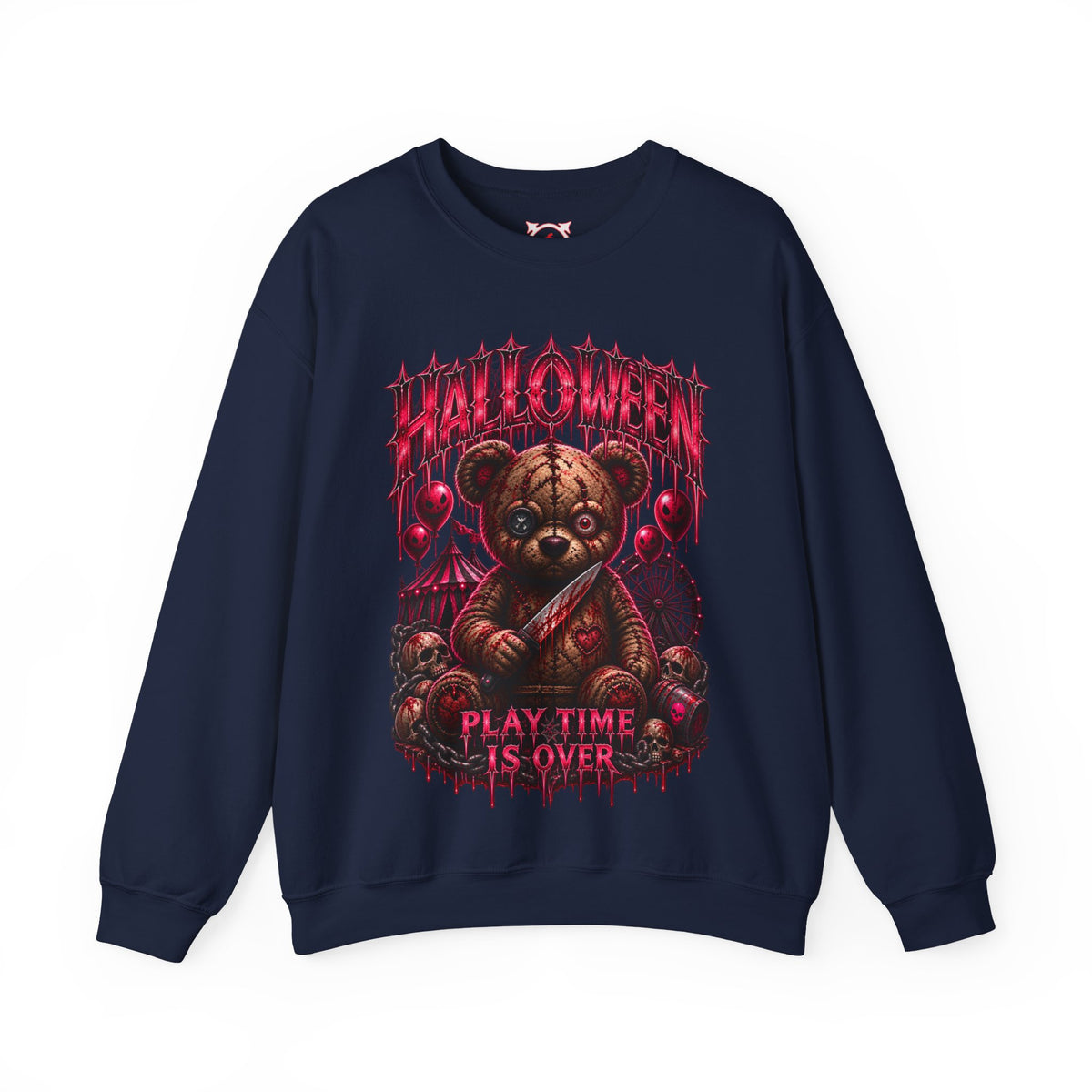 Playtime Is Over Creepy Teddy Bear Sweatshirt in Navy — front view