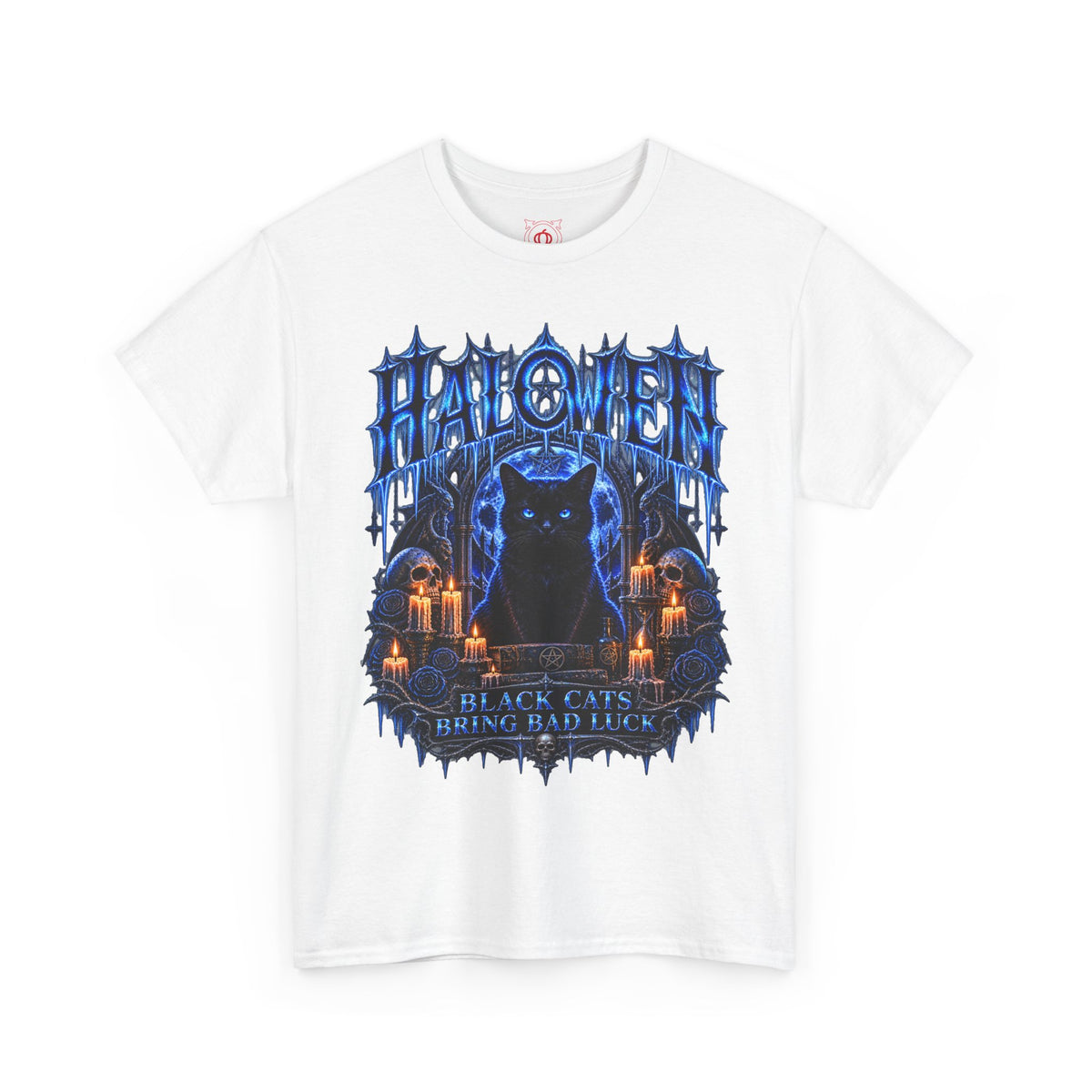 Black Cat Omen T-Shirt in White — front view