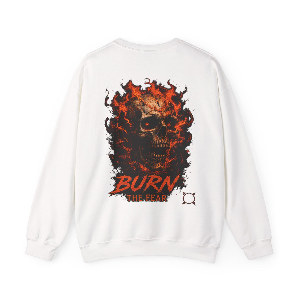 Burn the Fear Flaming Skull Sweatshirt in White — back view
