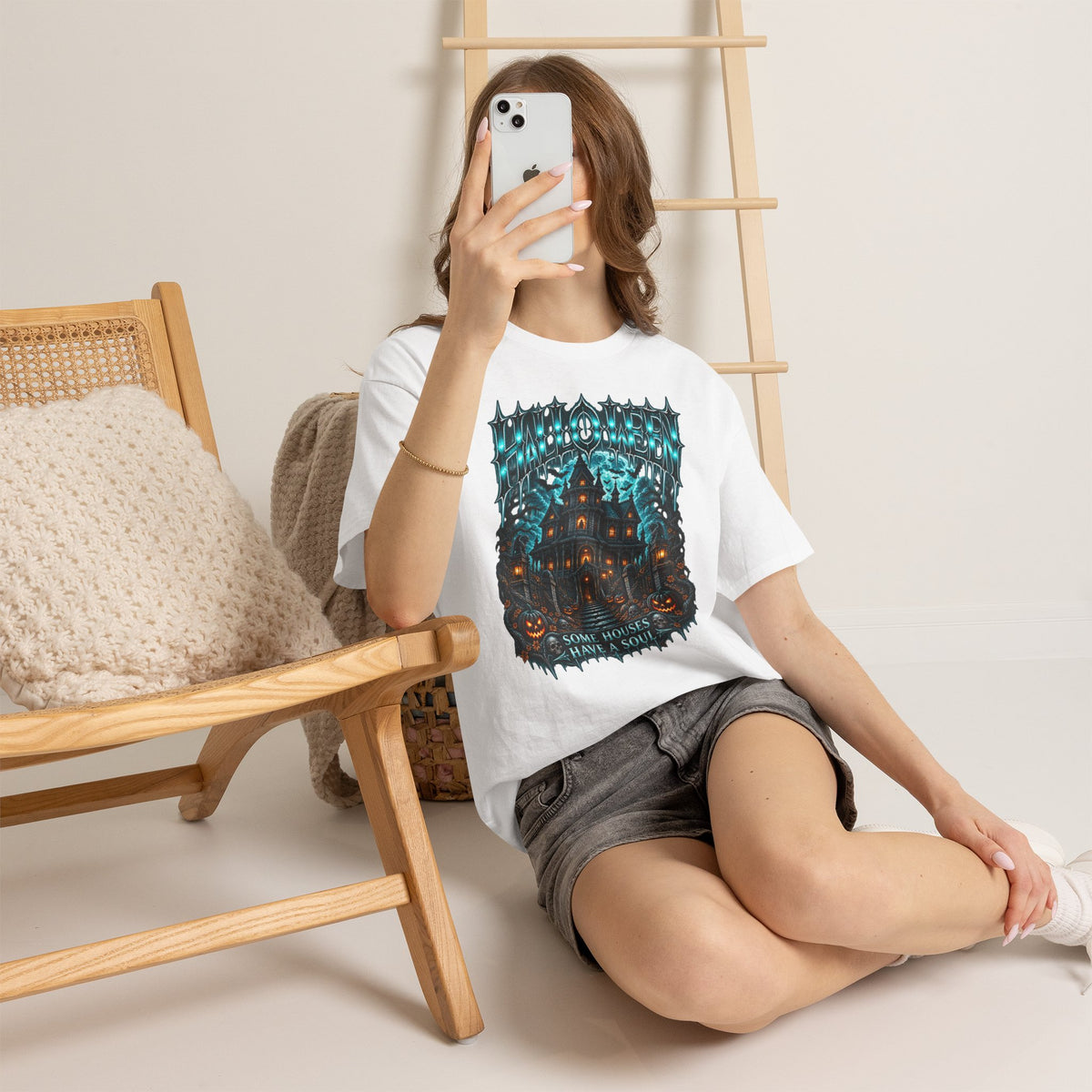 Midnight Manor Haunted House T-Shirt in White — model view