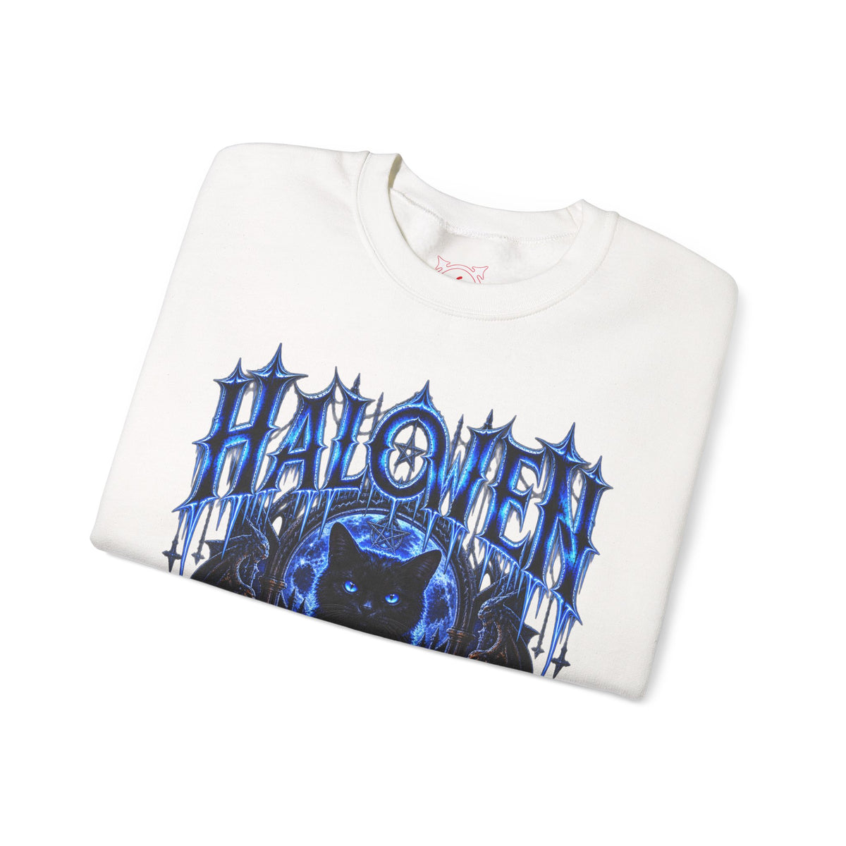 Black Cat Omen Sweatshirt in White — folded view