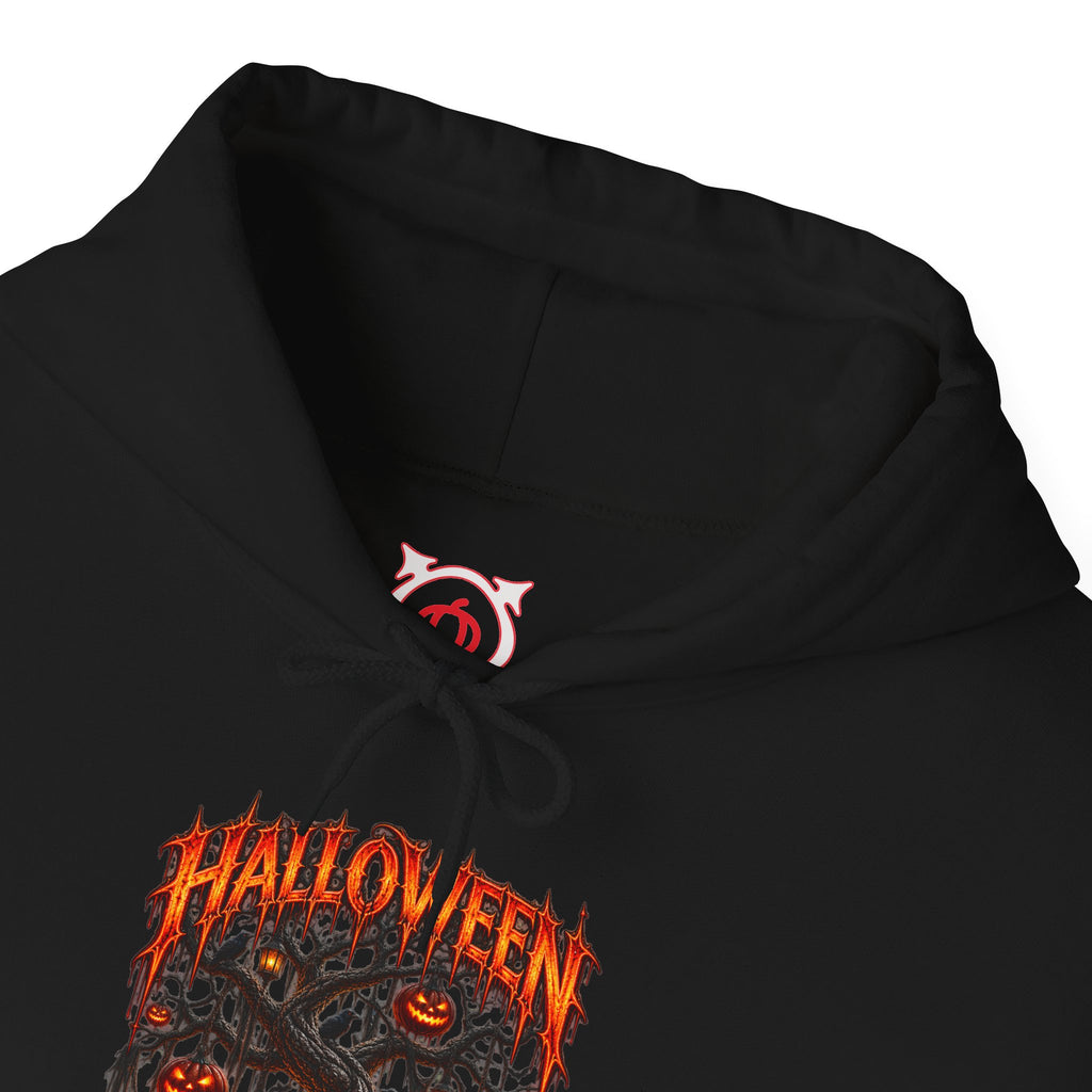 Darkness Grows Pumpkin Tree Hoodie in Black — front view