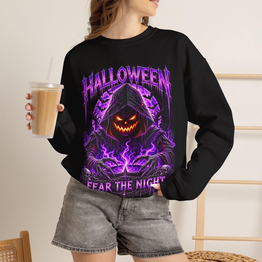Fear the Night Pumpkin Sweatshirt in Black — model view