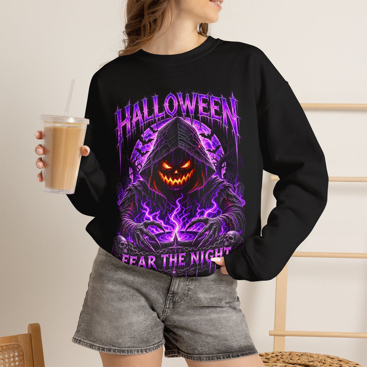 Fear the Night Pumpkin Sweatshirt in Black — model view