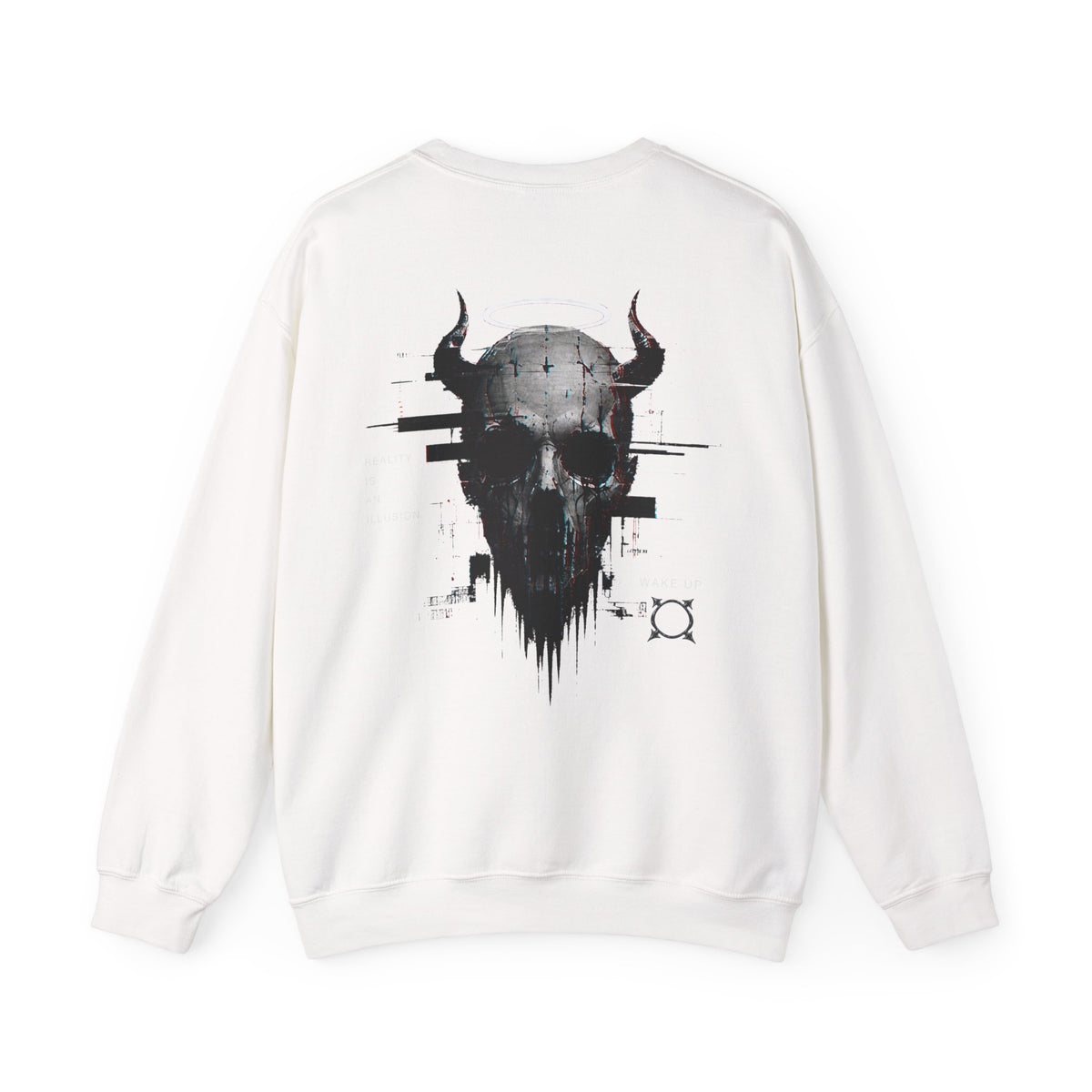 Reality Is an Illusion Glitch Skull Sweatshirt in White — back view