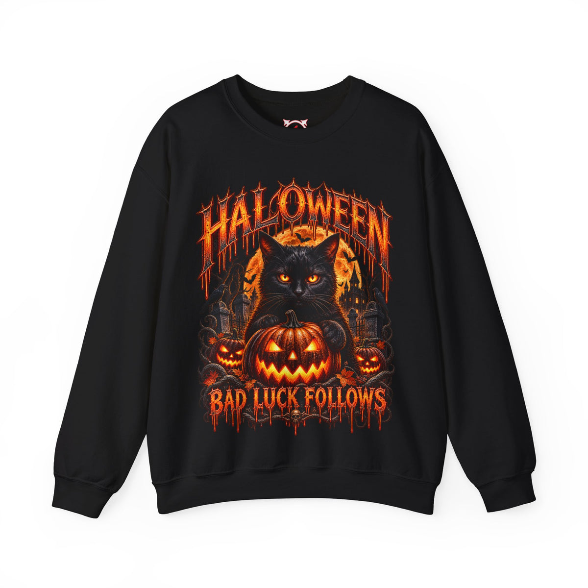 Bad Luck Follows Black Cat Sweatshirt in Black — front view